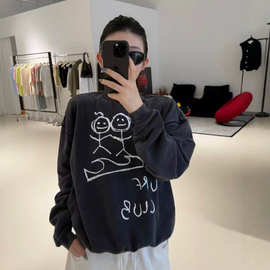 现货高品质火柴人涂鸦做旧水洗3d印花圆领长袖上衣女时尚新款卫衣