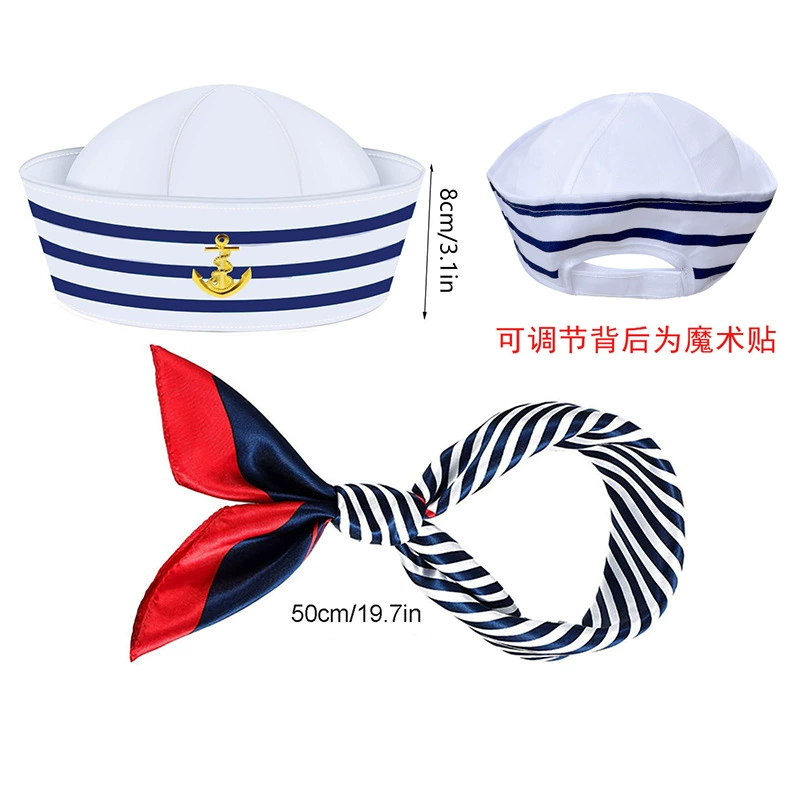 Sailor cosplay set — hat and navy scarf, sizes 56/58/adjustable, hat & accessory options