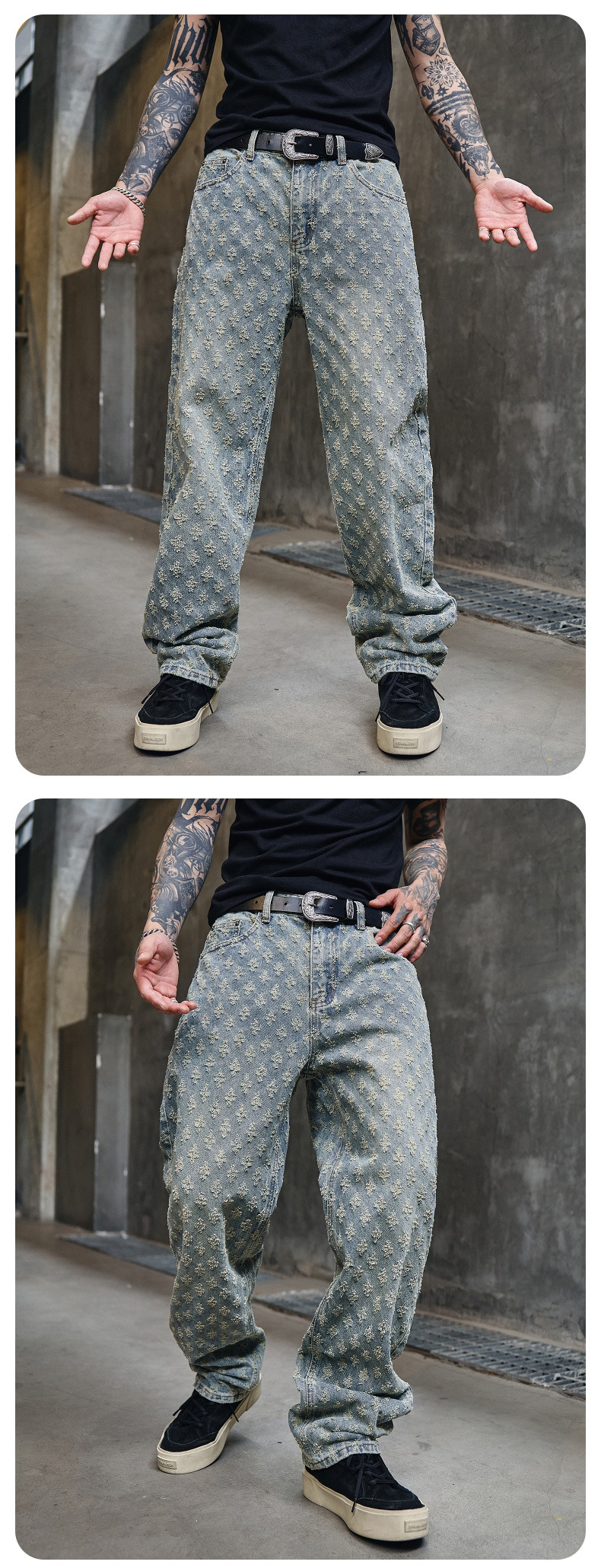 Herren Jeans Mit Jacquard Muster Weit Gerade Und Lässig Verwaschen_voghion.com
