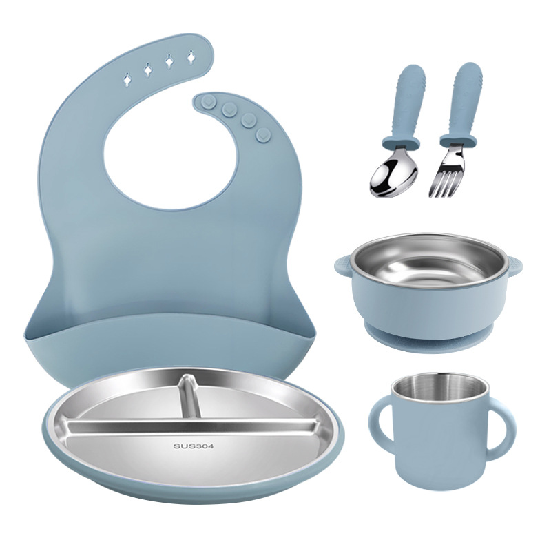 Placa de comedor de acero inoxidable para niños, taza de agua de silicona binaural, taza para beber para bebés de grado alimenticio