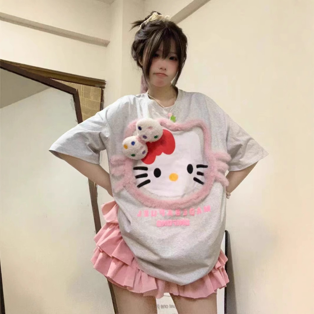 Internet Celebrity Same Style HelloKitty Cute Flocking Short-sleeved T-shirt Loose Design Bow Couple's Trendy Summer Top