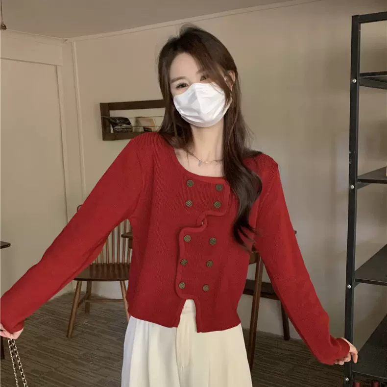 设计感小众交叉小香风外套女秋冬季修身显瘦短款长袖针织衫上衣女