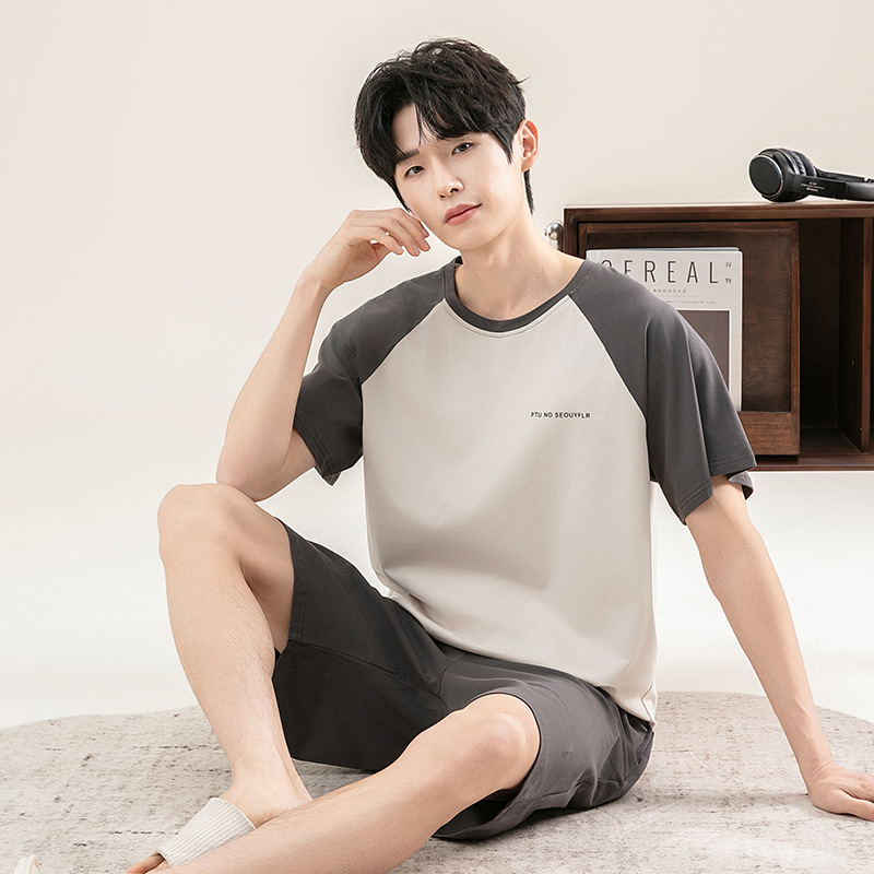 Men's Summer Pajamas, Pure Cotton Short-Sleeved Shorts Two-Piece Set, Can Be Worn Outside, Casual Sports Cotton Stretch Men's Home Wear Set