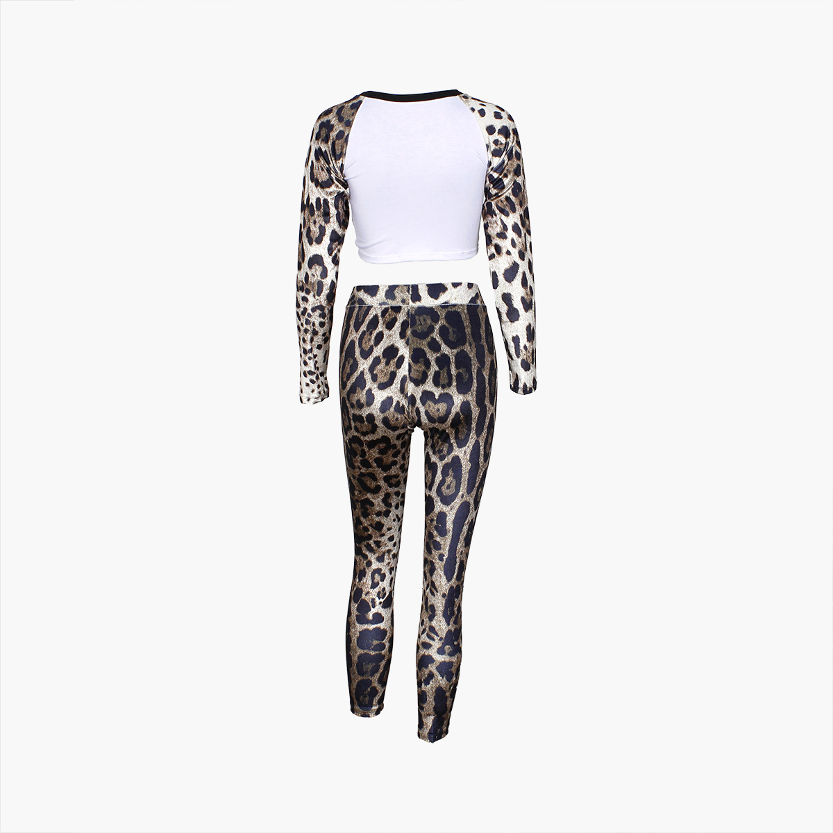 Fall Leopard Splicing Slim Fit Sexy Sexy Cropped Long Sleeve Top Trousers Two Piece Sets