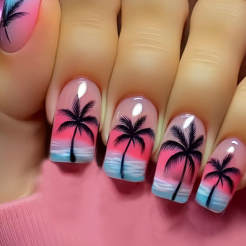 Cross-Border Best-Selling 24-Piece Blue Gradient French-Style Fake Nails with Tropical Palm Tree Design, High-Gloss Wearable Nail Tips