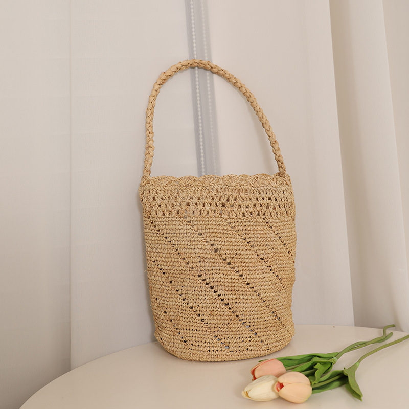 Luxury Crochet Raffia Shoulder Bag Hollow Lace Handheld Bucket Woven Bag Women's Vacation Beach Bag - Thumbnail 4