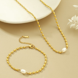 French Ins Style Natural Freshwater Pearl Necklace Niche Design Oval Rice Bead Chain Titanium Steel Bracelet Stacking Set