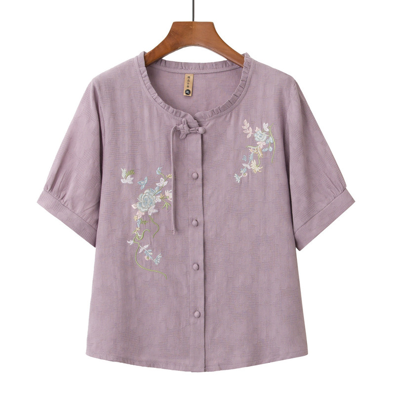 Mom's Summer Outfit Set, Stylish 2026 New Style, Chinese-Style Cotton and Linen Top, Middle-Aged and Elderly Women's Short-Sleeve Shirt Two-Piece Set
