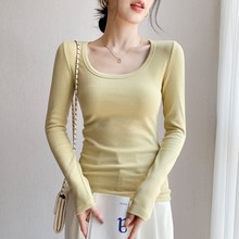 打底衫女大衣内搭2025秋冬U领长袖T恤修身纯棉大领口螺纹上衣春秋