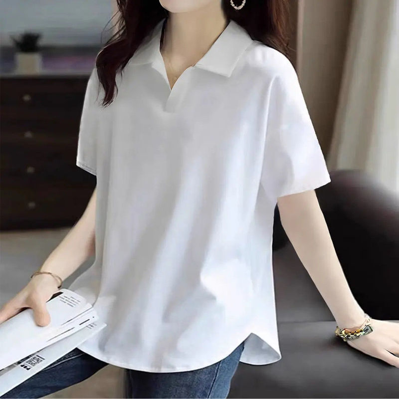 92% 綿POLO襟女装大サイズ半袖tシャツ女性ファッション夏カジュアルファッションゆるい太ったmm痩せた襟|undefined