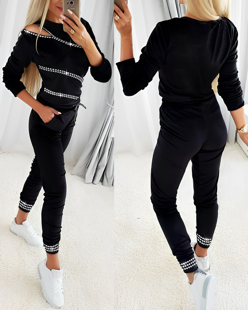Elegant Women's Pant Set With Diamond Embellished Long Sleeve Top_voghion.com
