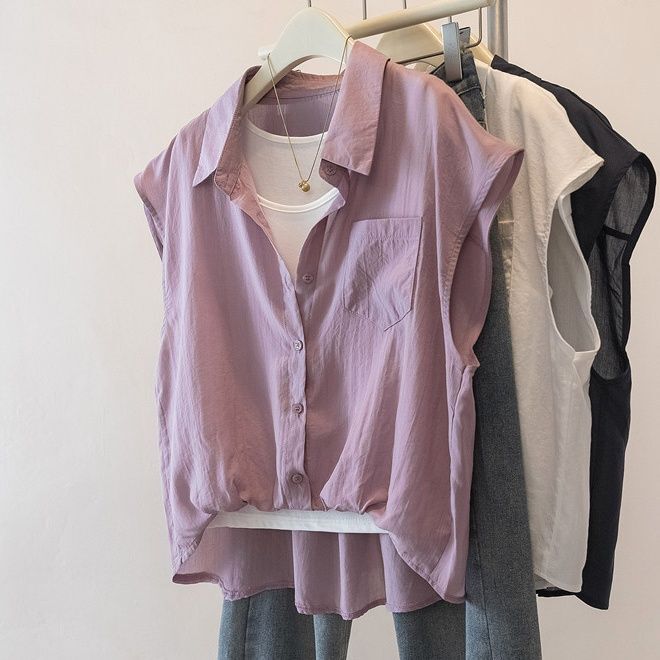 Fake Two-Piece Purple Sleeveless Vest Shirt for Women, Summer Plus-Size Slimming Loose Top That Covers the Belly, with a High-End Feel Fake Two-Piece Purple Sleeveless Vest Shirt for Women, Summer Plus-Size Slimming Loose Top That Covers the Belly, with a High-End Feel
