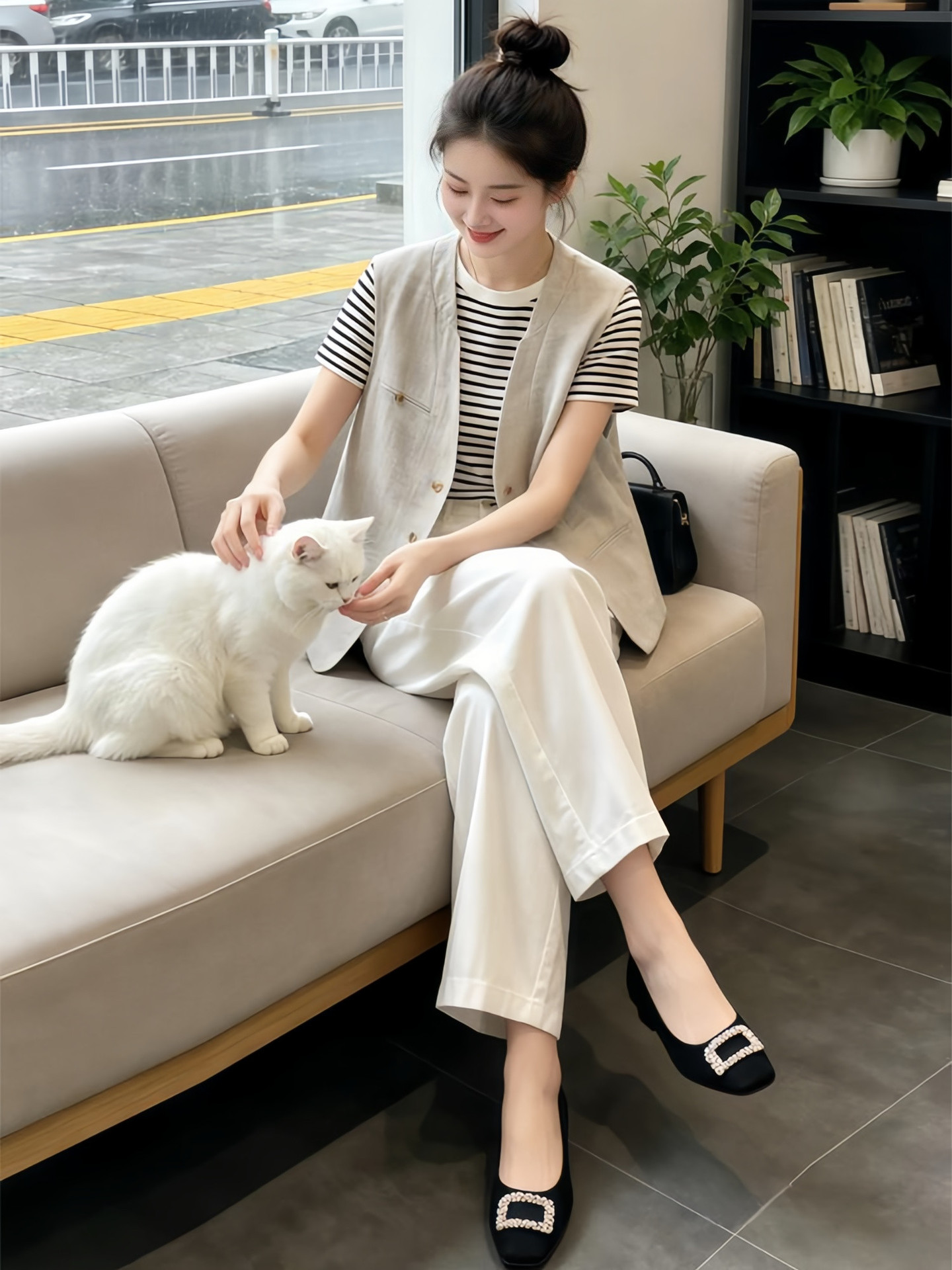 Áo khoác vest không tay cổ V nữ chất liệu linen phối nút đơn — màu be chi tiết 3