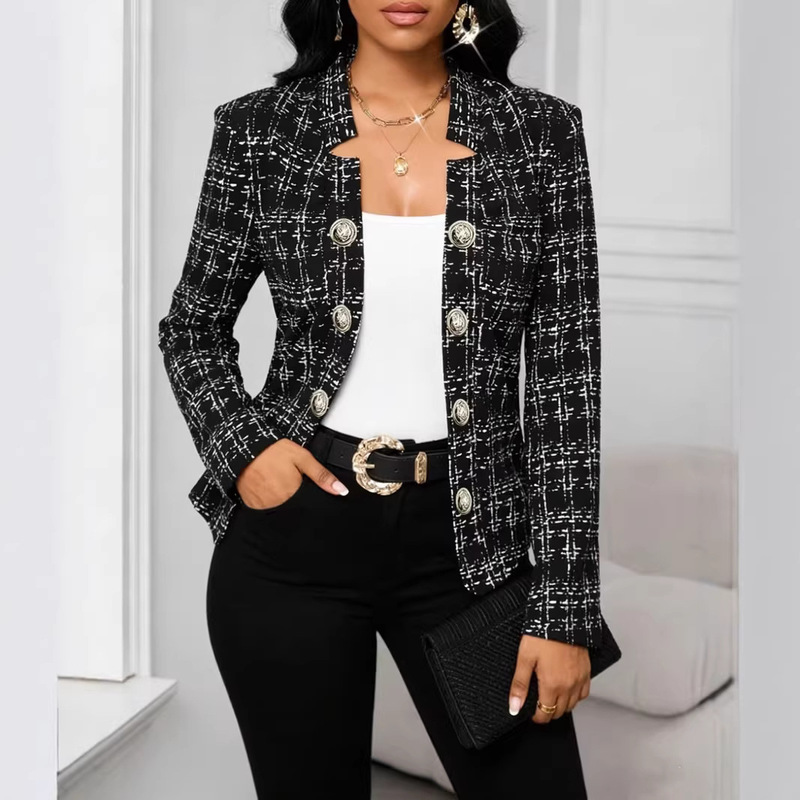Amazon European and American Cross-Border Fashion Plaid Slim-Fit Buttoned Blazer Jacket Fashionable Versatile Long-Sleeve Women's Jacket Amazon European and American Cross-Border Fashion Plaid Slim-Fit Buttoned Blazer Jacket Fashionable Versatile Long-Sleeve Women's Jacket