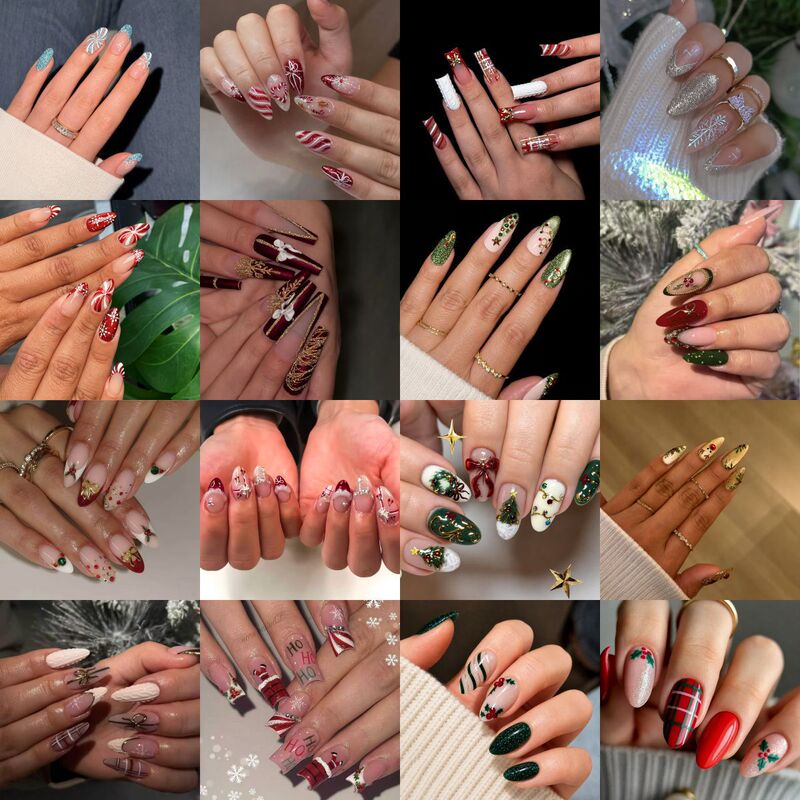 Christmas-themed nail art: retro red and green color scheme, Christmas tree, candy cane, and plaid pattern nail stickers, wholesale Christmas-themed nail art: retro red and green color scheme, Christmas tree, candy cane, and plaid pattern nail stickers, wholesale