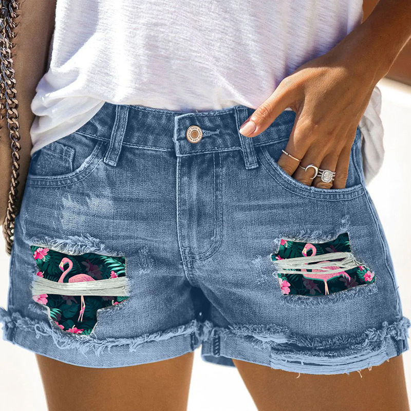 2023 factory direct European and American cross-border new summer wish cross-border Street hipster printed denim ripped shorts