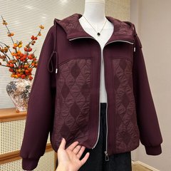 一件代发直播爆款2025秋季新款时尚连帽菱形格拼色妈妈装外套上衣