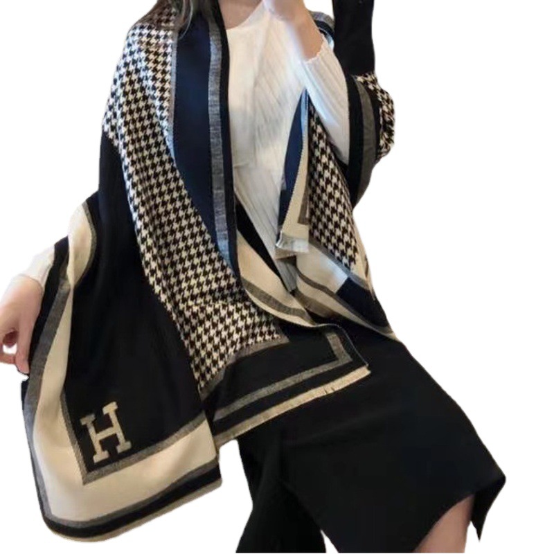 H houndstooth double-sided cashmere wool texture windproof cold Korean scarf fashion air conditioning shawl live explosions