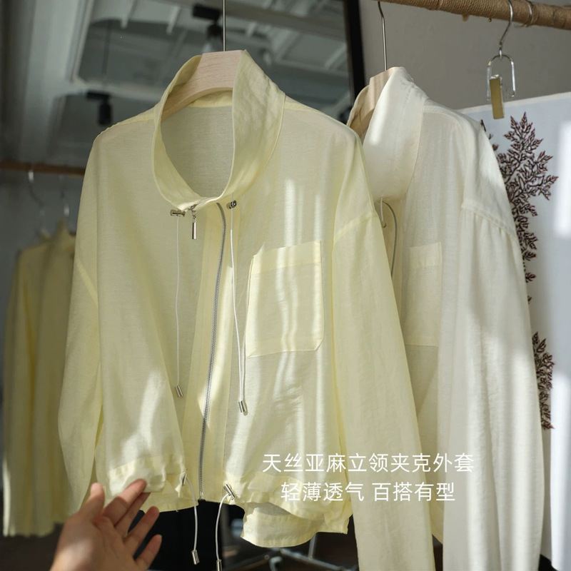 Lightweight and Thin Lyocell Tencel Linen Jacket, Loose Stand-Up Collar, Casual and Versatile Sun Protection Jacket for Women, New for Summer Lightweight and Thin Lyocell Tencel Linen Jacket, Loose Stand-Up Collar, Casual and Versatile Sun Protection Jacket for Women, New for Summer