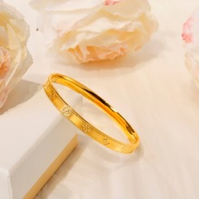 金店同款黄铜镀金幸运四叶草推拉手镯 女轻奢镀真金碎金镯子久不