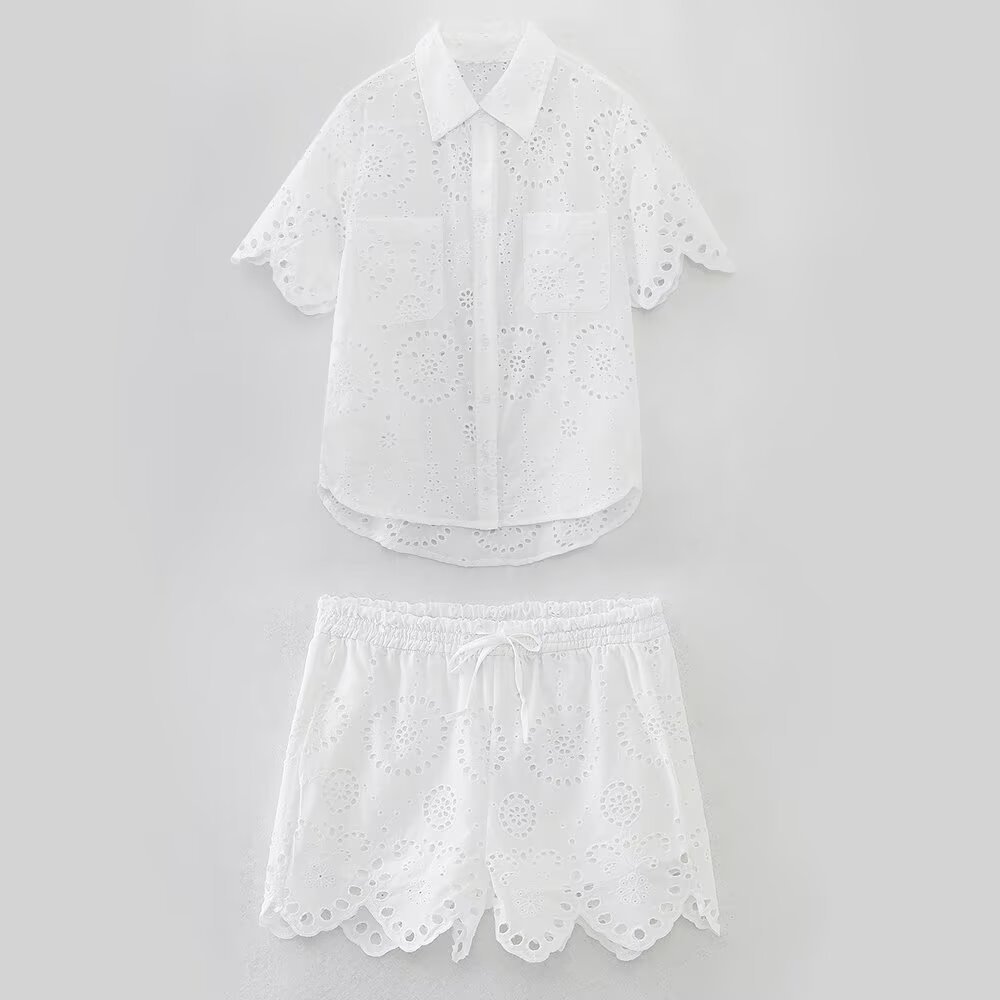 ZARW Self-made Casual Loose Hollow Embroidered Solid Color Top Shorts Set, European And American Style Summer New_ecoleips.com