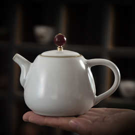 月白汝窑茶壶功夫茶具月白盖碗公道杯开片可养家用茶杯复古大容量