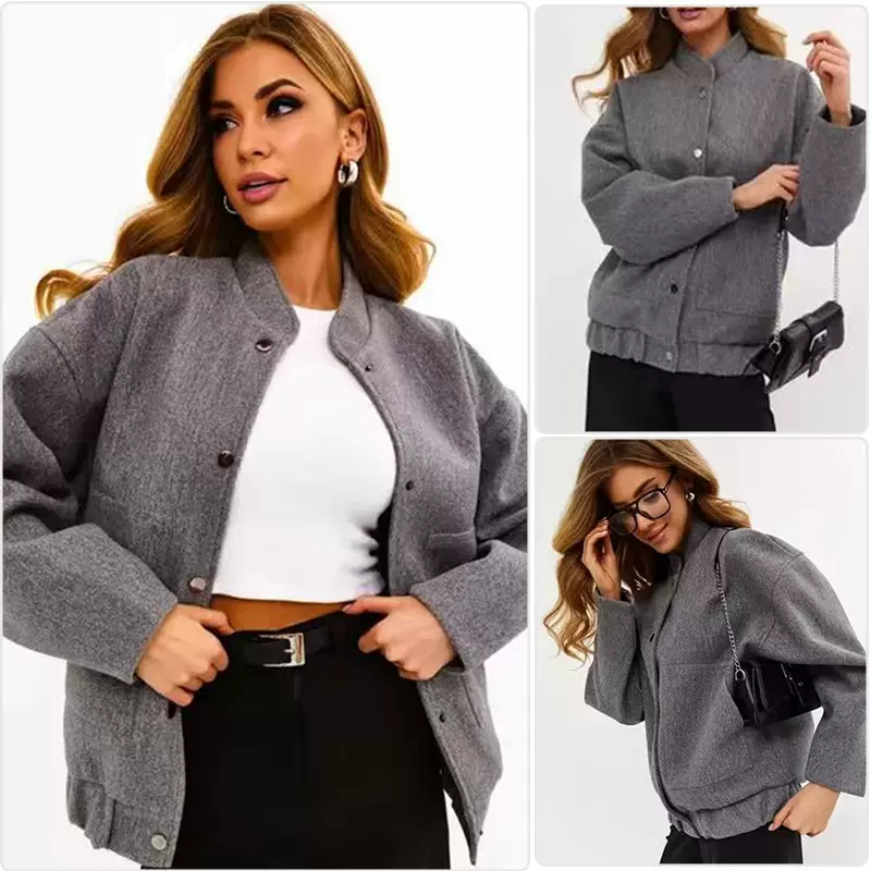 欧美新款女装休闲街头个性立领单排扣大口袋宽松舒适毛呢女士外套