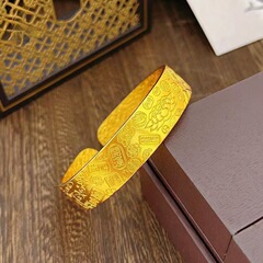 金店同款沙金古法实心宽版八宝莲花吉言开口式手镯高级复古新中式