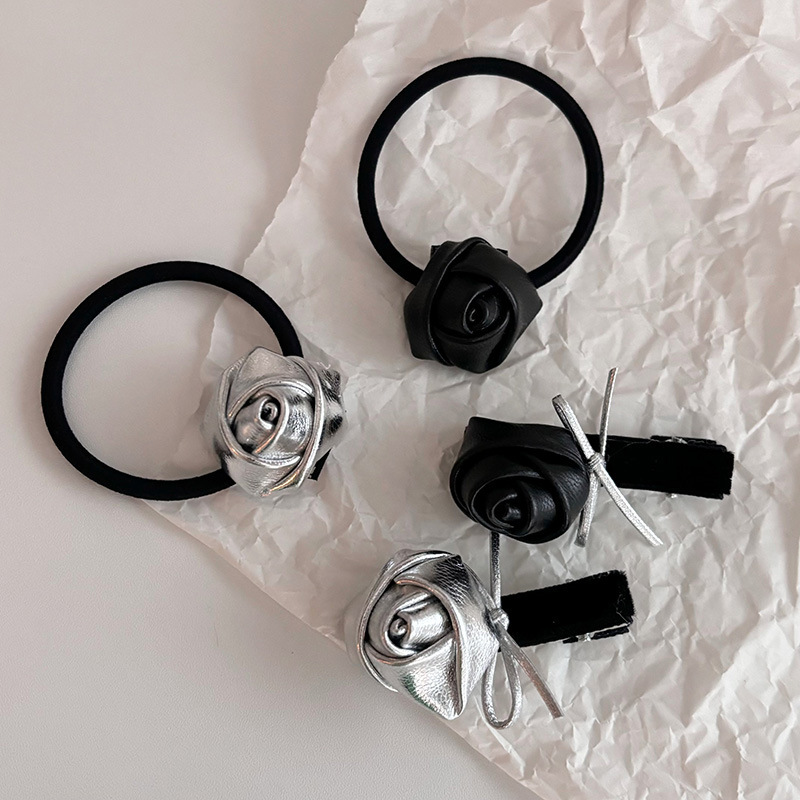 Južná Kórea Nové čierne strieborné kožené ružové kvety vlásenky vlasové lano gumové šľachy ofina vlasové doplnky pre ženy_voghion.com