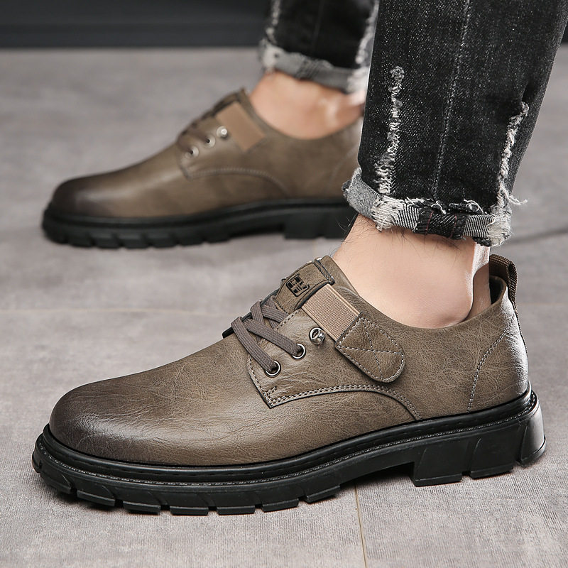 Giày lười nam da PU cổ thấp mũi tròn chống trơn trượt phong cách retro, đế cao su — 6568 kaki, 6568 kaki tăng chiều cao, 6568 đen, 6568 đen tăng chiều cao bên trong