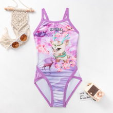 2025年泳衣女童中大童专业训练连体游泳衣印花卡通版高弹性泳帽