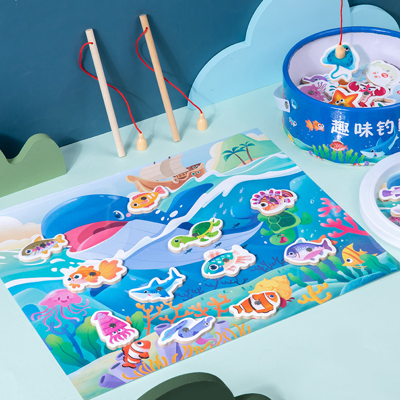 Diversión de madera barril magnético pesca marina juego de cartas juego ejercicio coordinación mano-ojo juguetes educativos