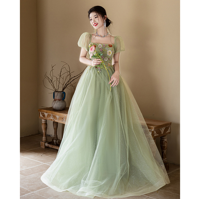 Evening Dress Mint Green Square Neck Princess Dress Forest Style Birthday Photo Shoot Luxury High-End Host Piano Dress