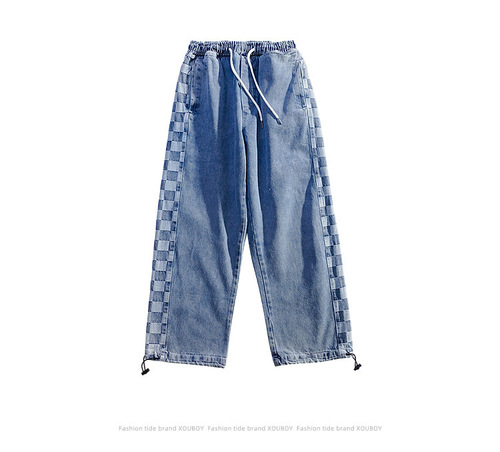 Chic Brand Hong Kong Style Instagram Retro Checkered Youth Loose Japanese Casual Straight Leg Wide Leg Denim Pants for Men and Women