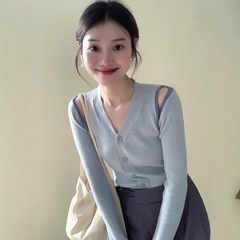 拼色镂空V领露肩针织开衫女秋季穿搭修身显瘦长袖内搭挖肩上衣