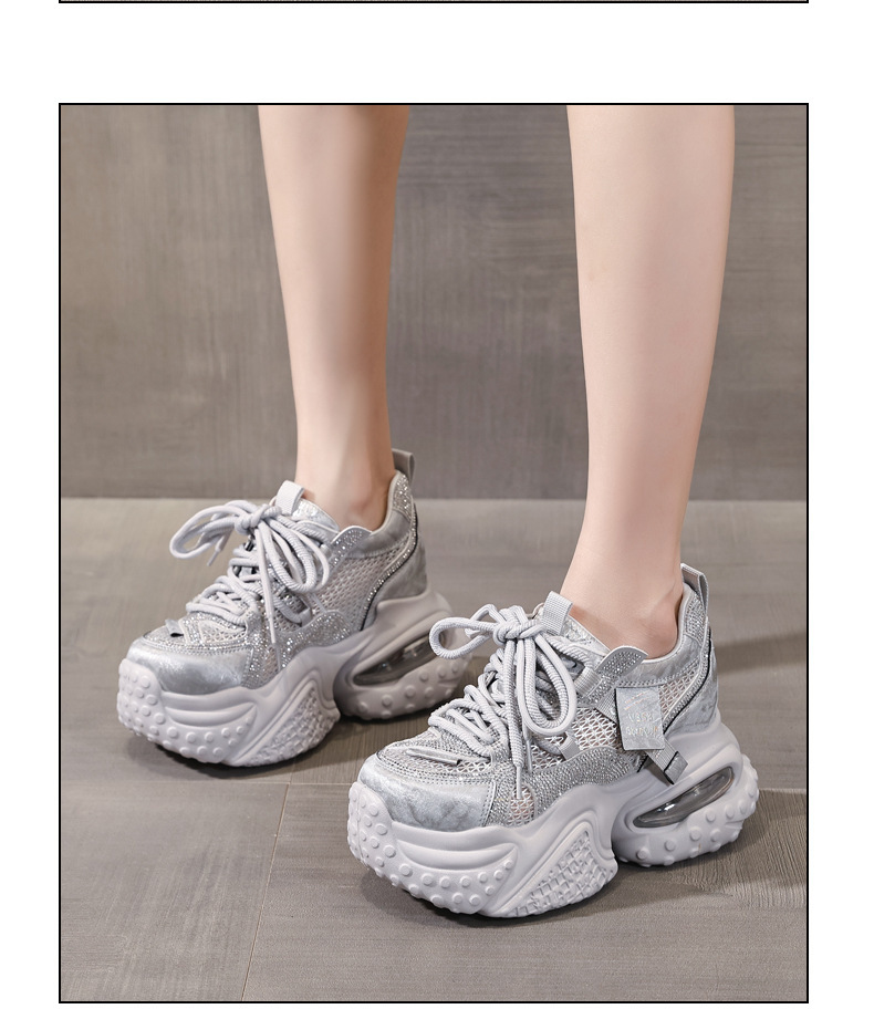 Giày sneaker nữ đế dày tăng chiều cao, mặt lưới đính đá rhinestone — Màu sắc rực rỡ bạc chi tiết 12