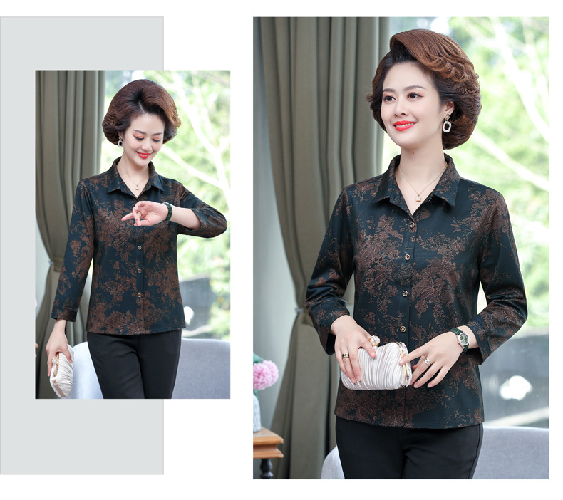印花女士衬衫长袖妈妈装开衫