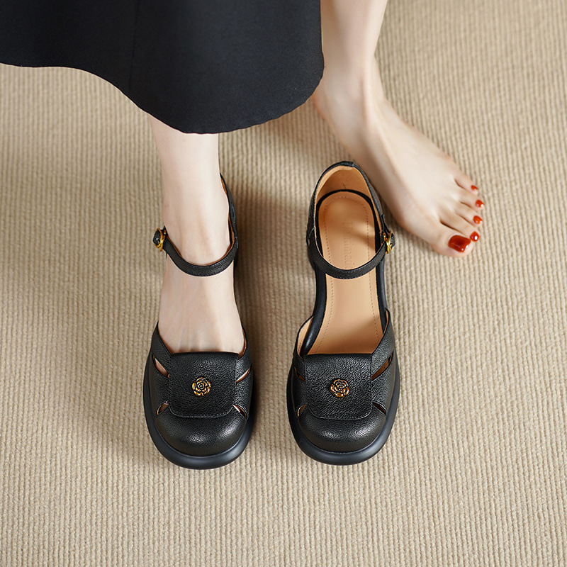 Sandal nữ đế dày 5cm gót hoa trà quai ngang khóa mũi — đen