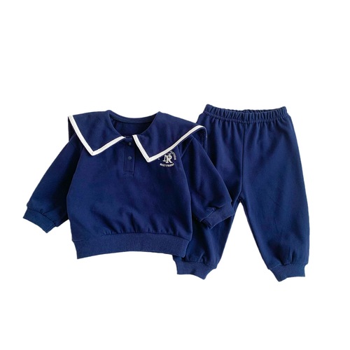 Korean children's clothing 23 autumn baby embroidered navy collar casual sweatshirt suit for boys and girls sports two-piece set