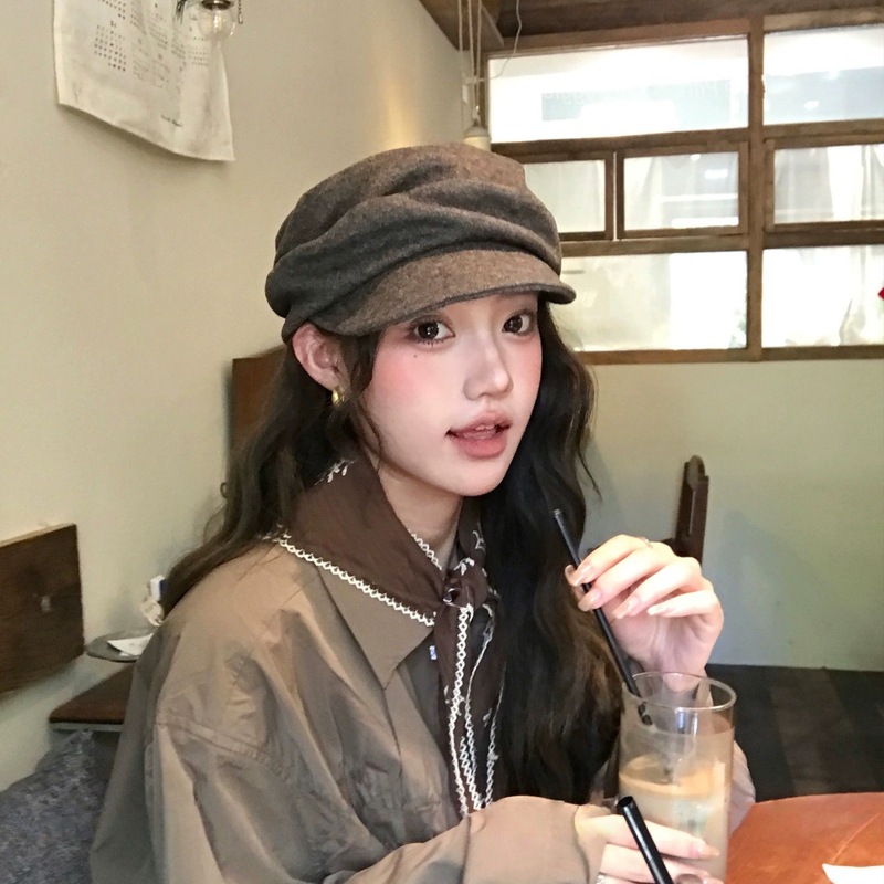 出口日本平顶褶皱山本风报童帽女秋冬新款日系复古显脸小马术帽子|undefined