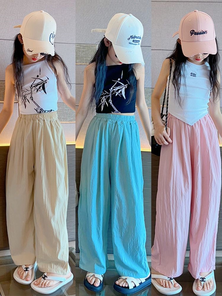 Girls' summer thin ice silk wide-leg pants, 2026 new style, children's casual pants, loose-fitting mosquito-proof pants for older girls.