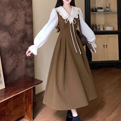 大码法式假两件娃娃领连衣裙女秋冬微胖收腰显瘦复古气质长裙子