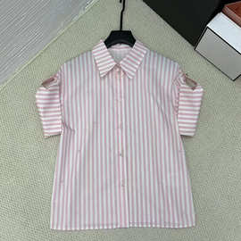 高订小香风24夏季新品法式优雅细条纹粉色翻领短袖衬衫女百搭时髦