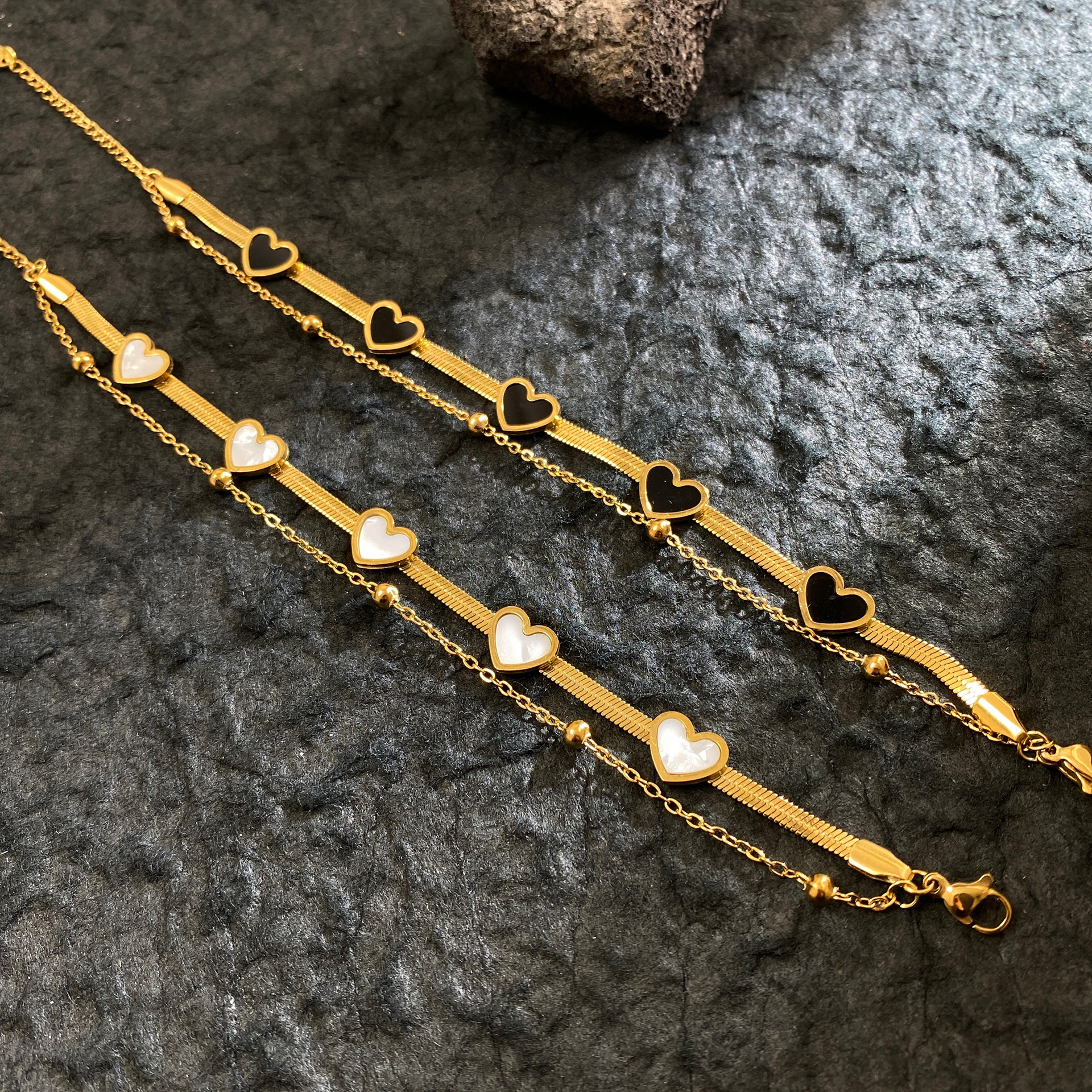 Real Gold Electroplated Titanium Steel Love Double Layer Bracelet High Sense Snake Bone Black and White Bracelet Creative Ladies Bracelet