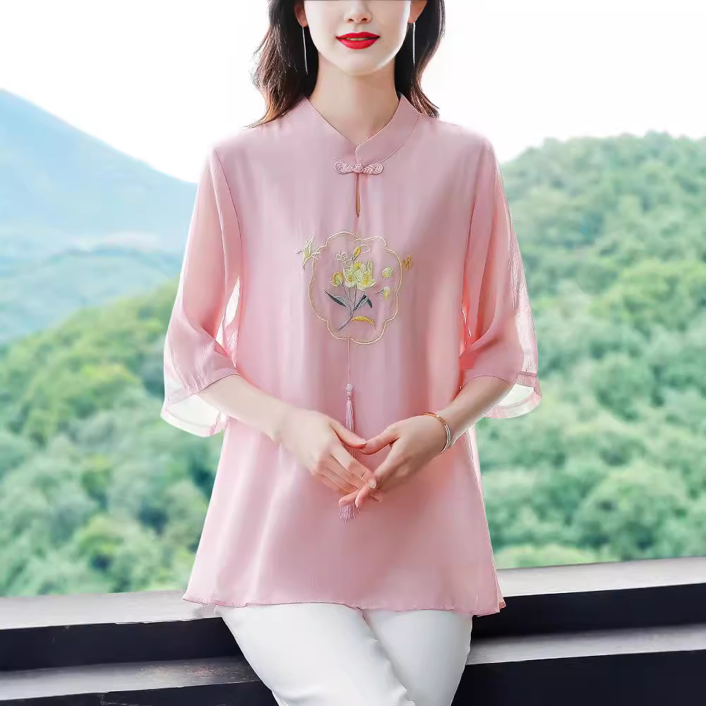 中国风刺绣上衣2024夏季新款文艺优雅中年女装雪纺刺绣五分袖T恤