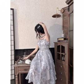 2025新款烟雨墨染灰色扎染吊带连衣裙清冷感仙女裙夏季裙子