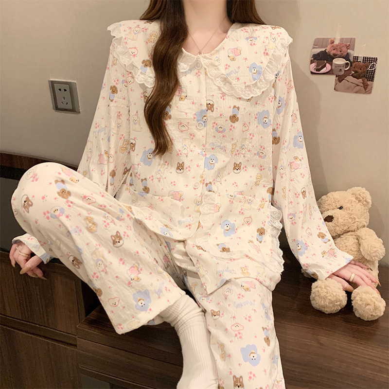 New cartoon lace doll collar cloud cotton long sleeve pajamas women's spring and autumn winter sweet wind home clothes wholesale New cartoon lace doll collar cloud cotton long sleeve pajamas women's spring and autumn winter sweet wind home clothes wholesale