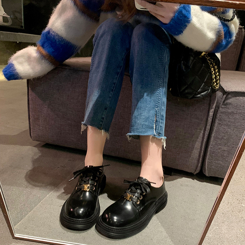 2023 primavera nuevos mocasines de cuero genuino estilo preppy japonés con cordones de metal punta redonda fondo grueso tacón grueso zapatos de cuero para mujeres