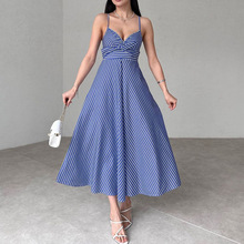 2024年欧美外贸女装跨境亚马逊夏季吊带条纹长裙高腰修身连衣裙女