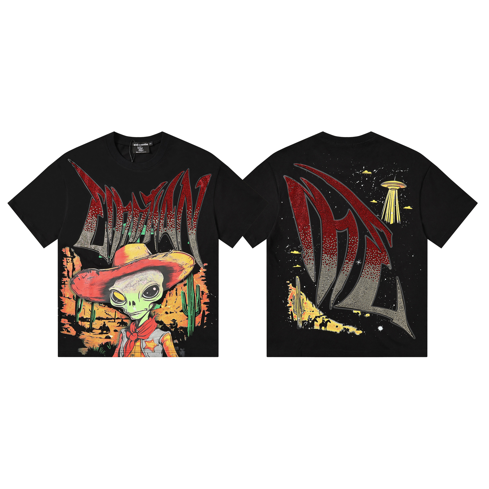Camiseta de Algodón de Manga Corta MIXED, Estampado Integral 3D de Alienígena, Pulpo y Ángel con Pedrería | Transpirable